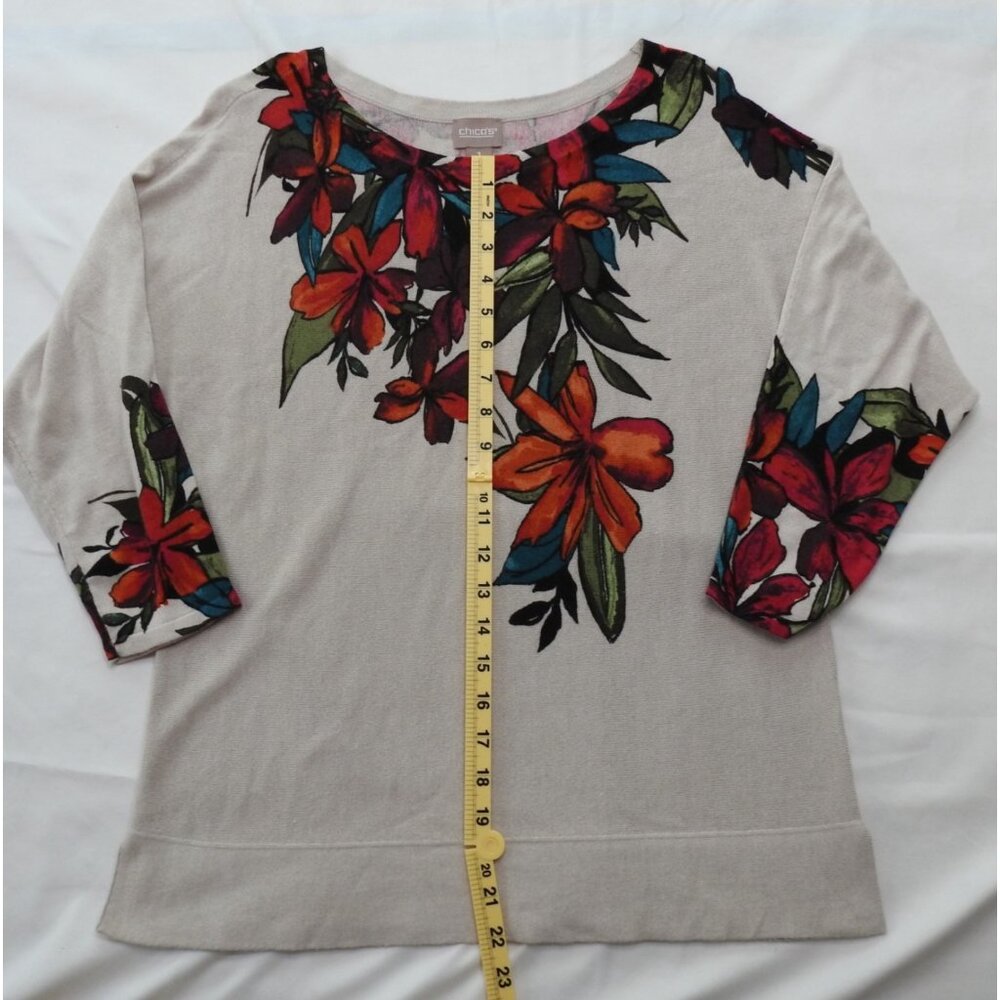 Women's Chico's Sz 1 Touch Cashmere Pacific Floral Sweater Top Tropical Tan - Picture 8 of 9